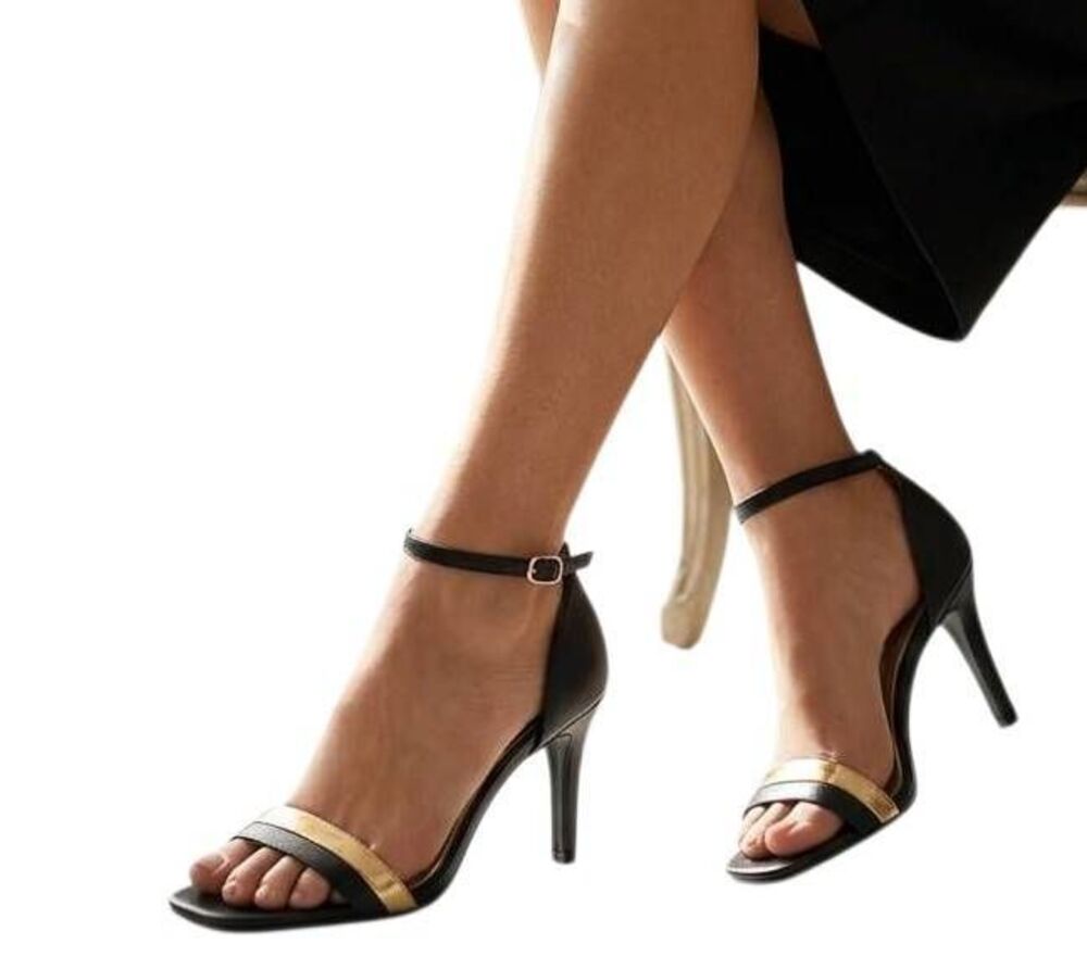 Impo Tatum Black & Gold banded strappy mid heels womens 9.5